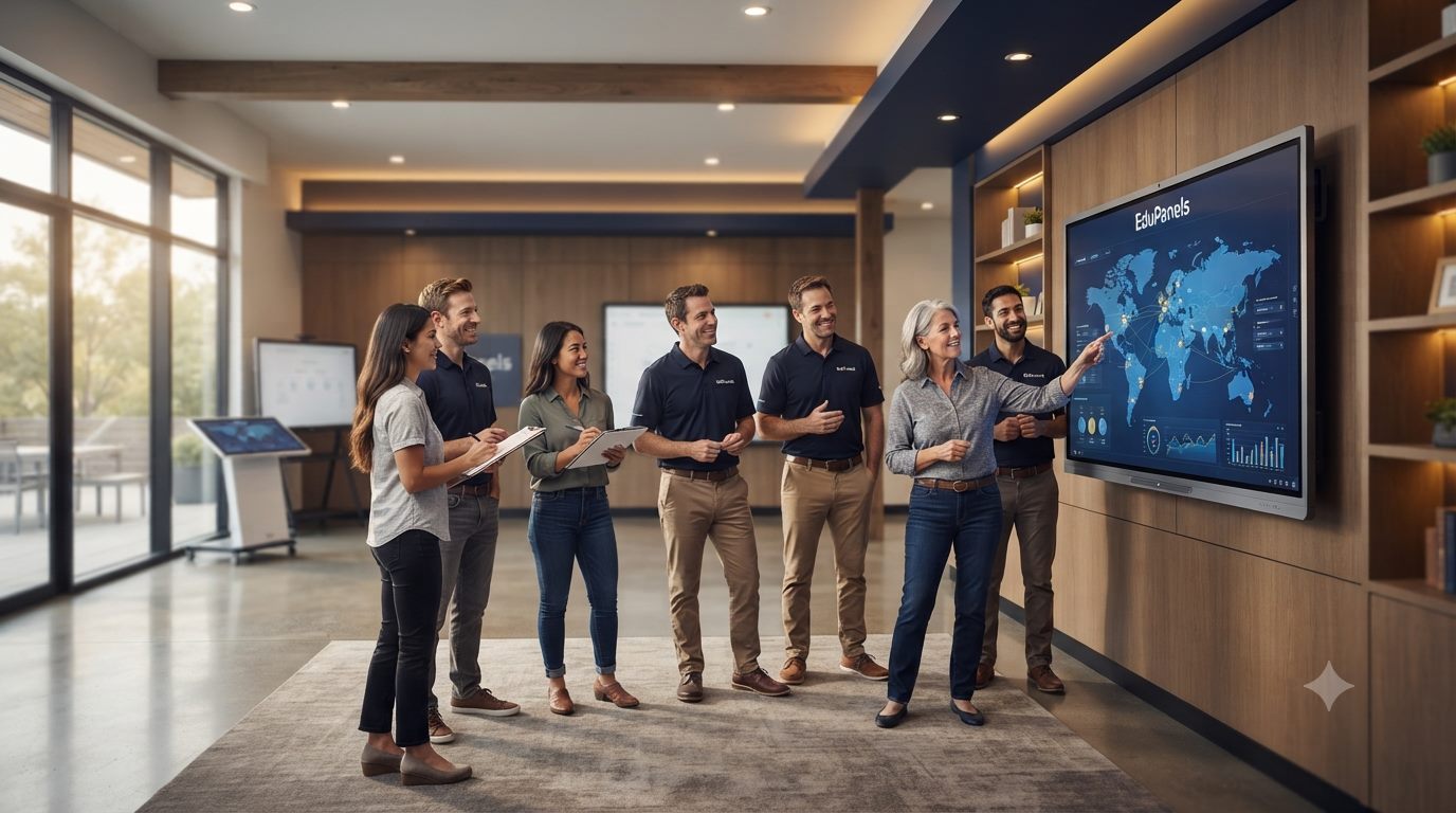 EduPanels global delivery and support network with team and world map