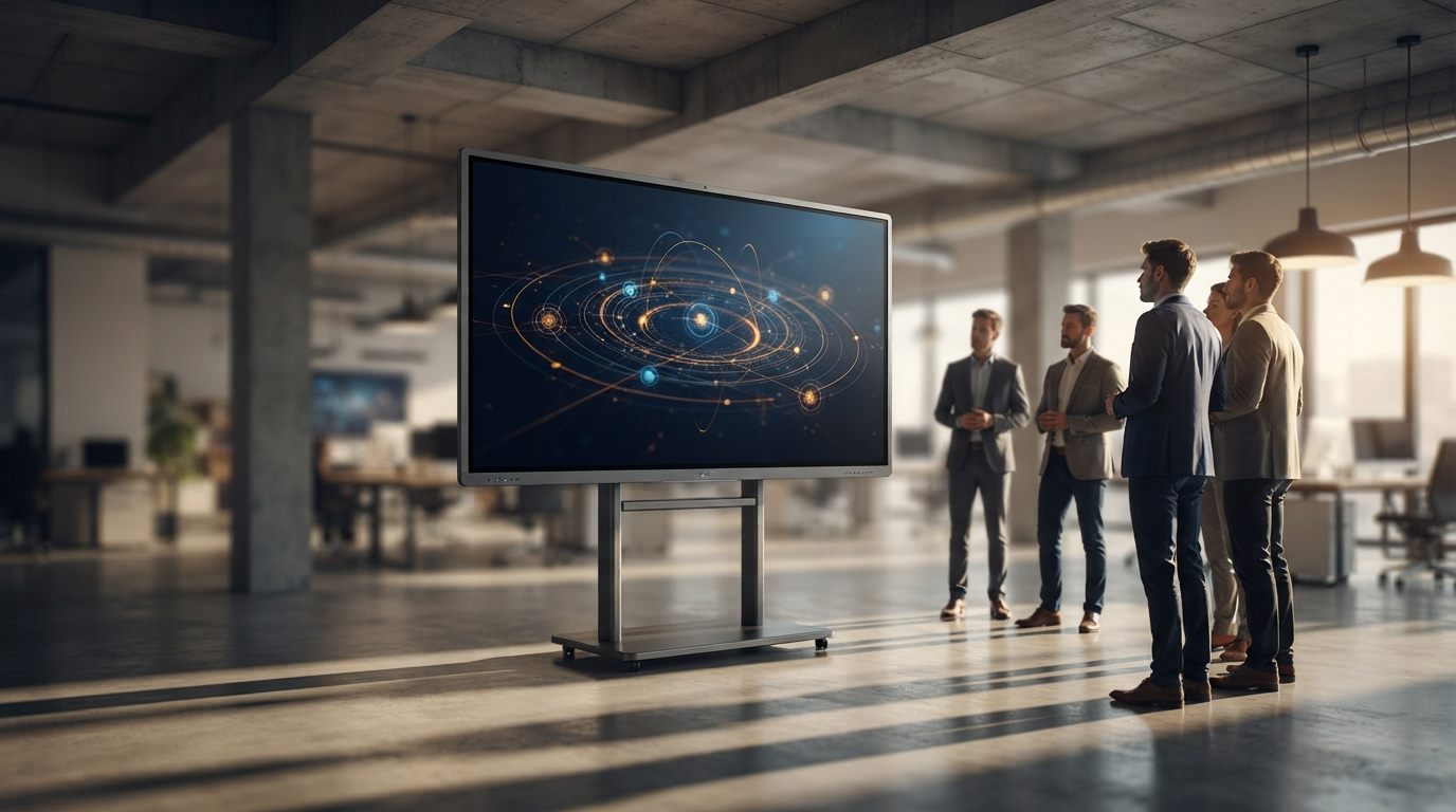 Large-format EduPanels interactive touch panel on a mobile stand in a modern office