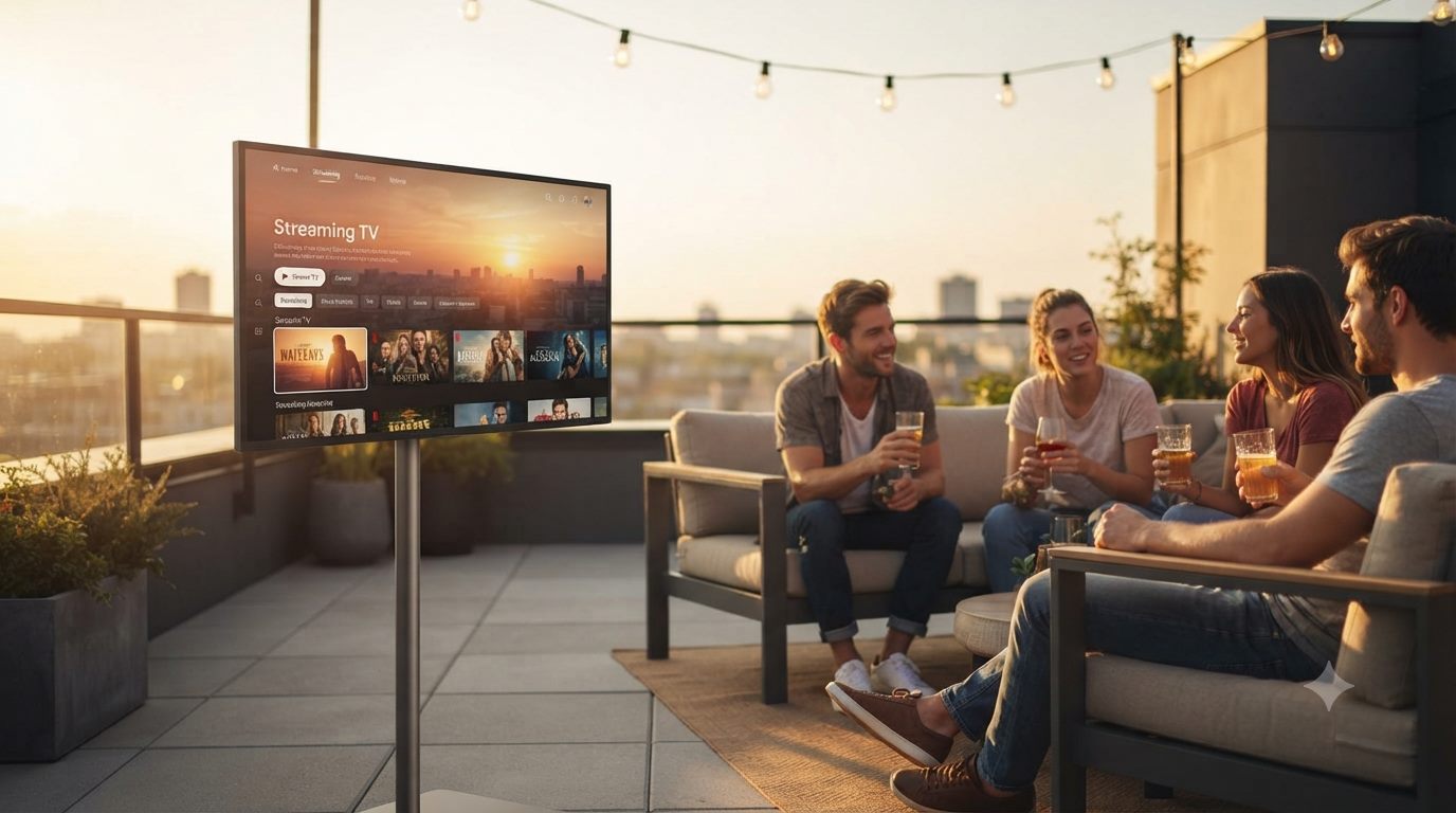EduPanels portable touchscreen display streaming content on an outdoor rooftop patio