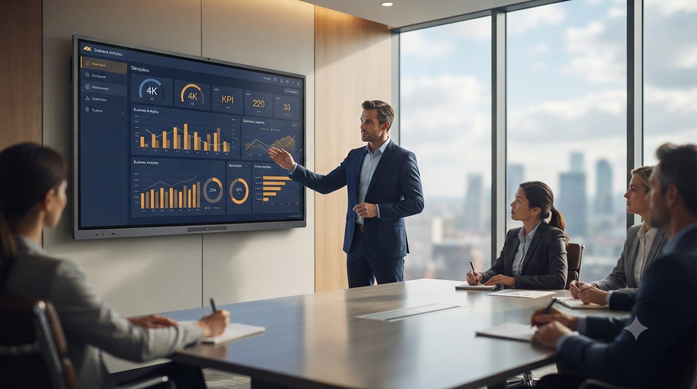 Presenter walking a boardroom through a business analytics dashboard on a wall panel