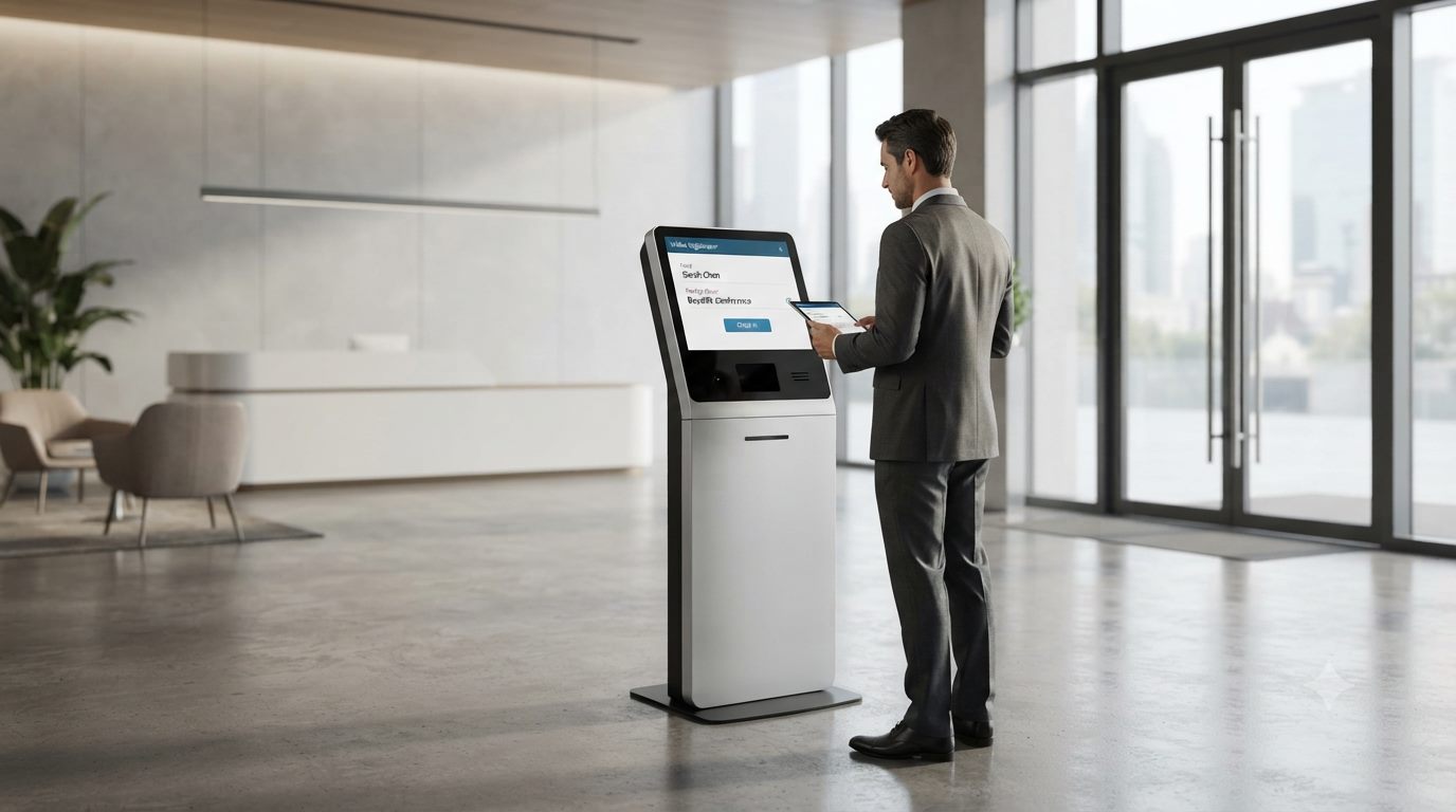 Visitor checking in on a self-service kiosk in a modern office lobby