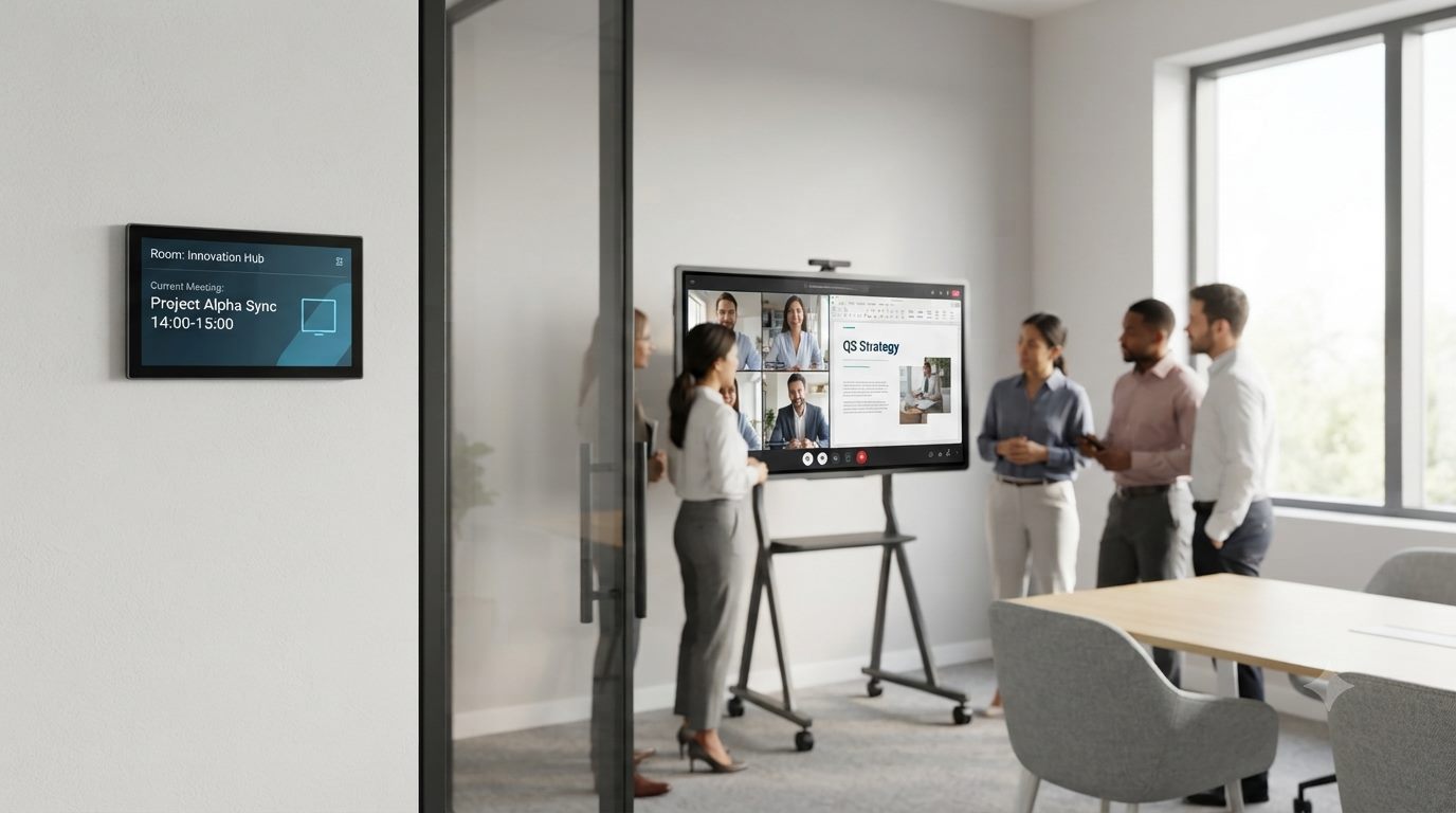Wall-mounted room booking signage beside a portable video conferencing display in a glass meeting room