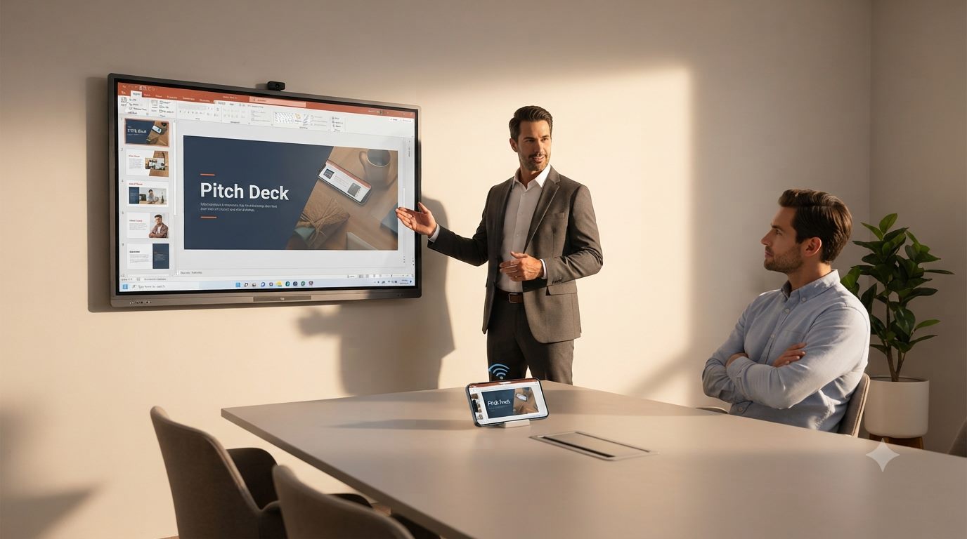 Presenter casting a pitch deck wirelessly from a tablet to a wall panel in a meeting room