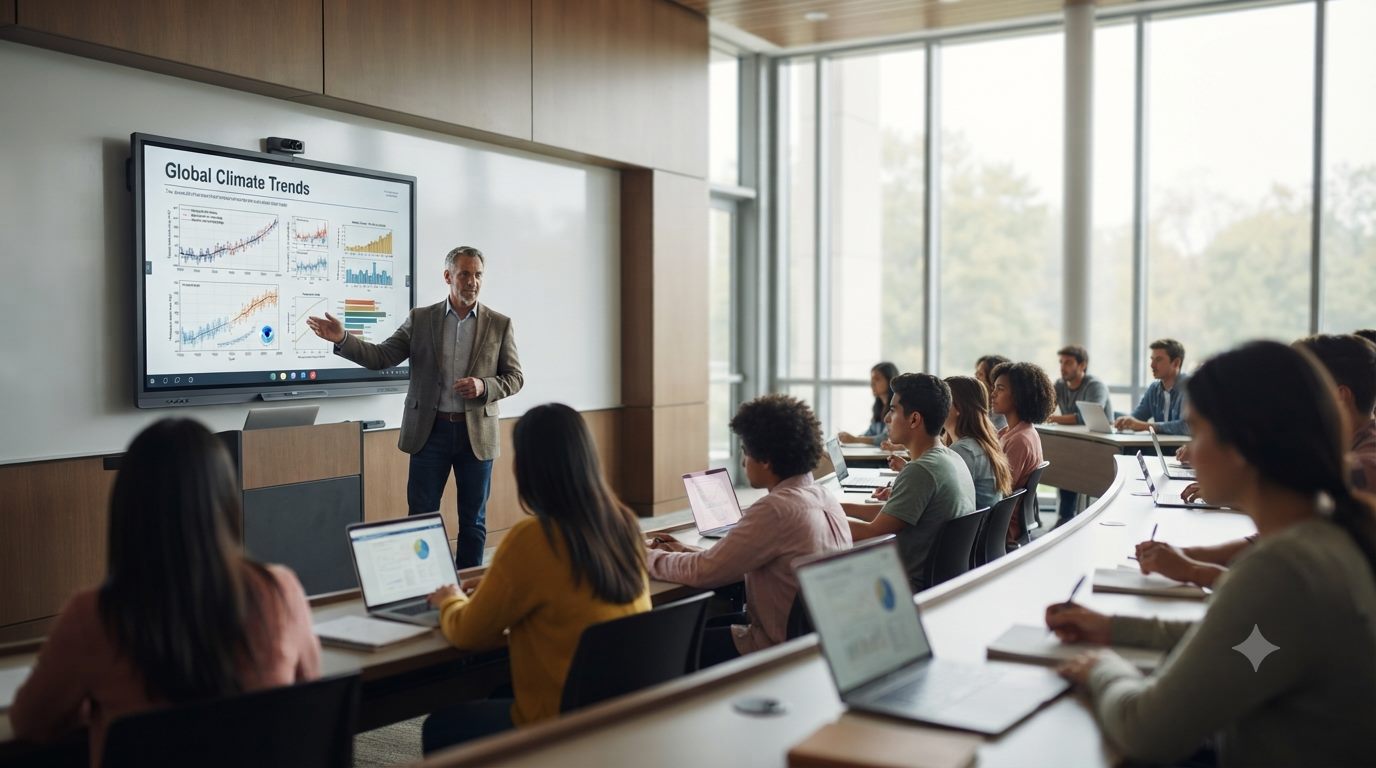 Guest lecturer presenting Global Climate Trends to a lecture hall of students with laptops