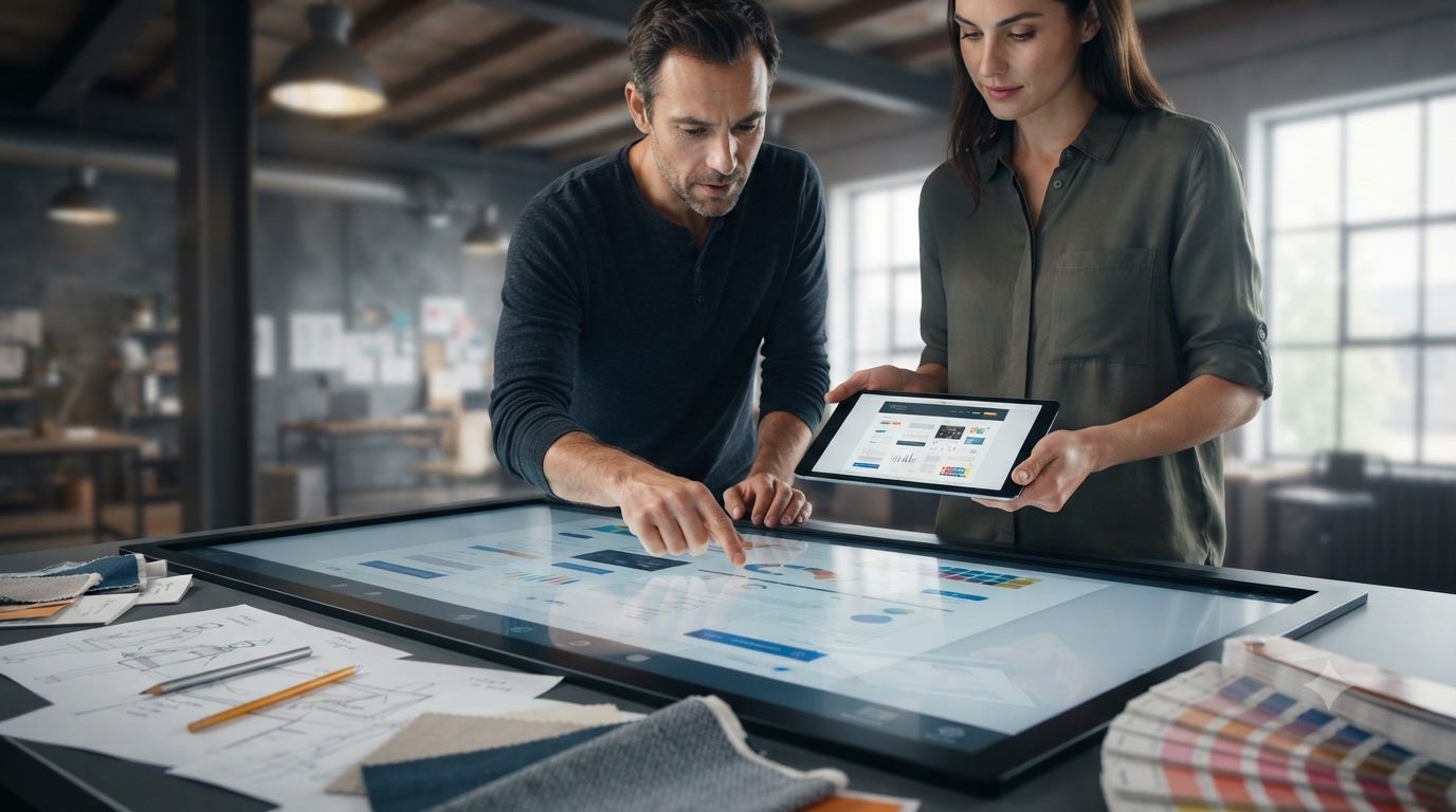 Creative team reviewing design work cast from a tablet onto a touch table
