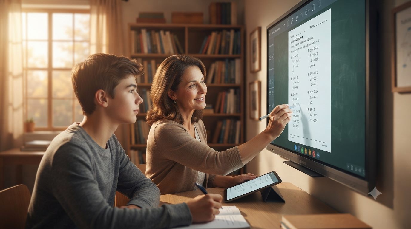 Tutor annotating a math worksheet cast onto a panel during a one-on-one lesson
