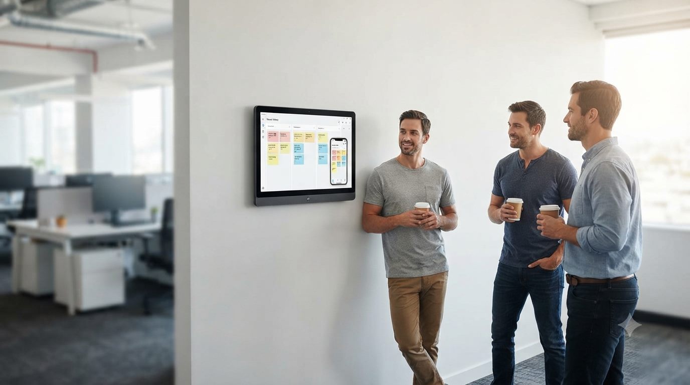 Team casting a task board from a phone to a wall panel during a daily standup