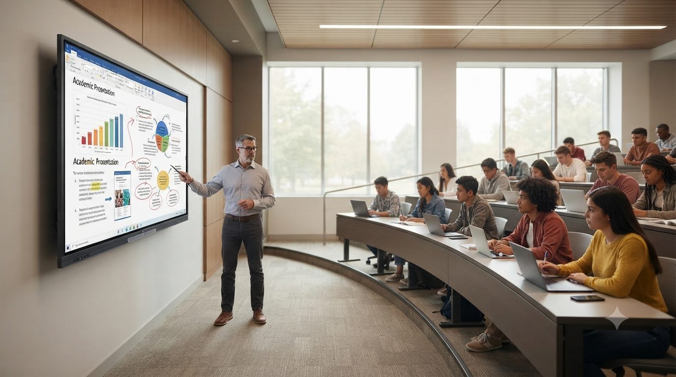 Professor presenting an academic presentation on an interactive panel in a curved lecture hall