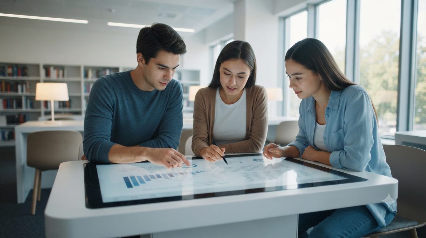 Three university students collaborating around a touch table in a library