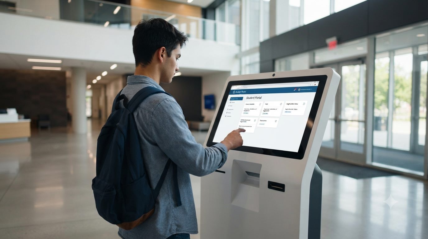 Student using a self-service kiosk student portal in a campus lobby