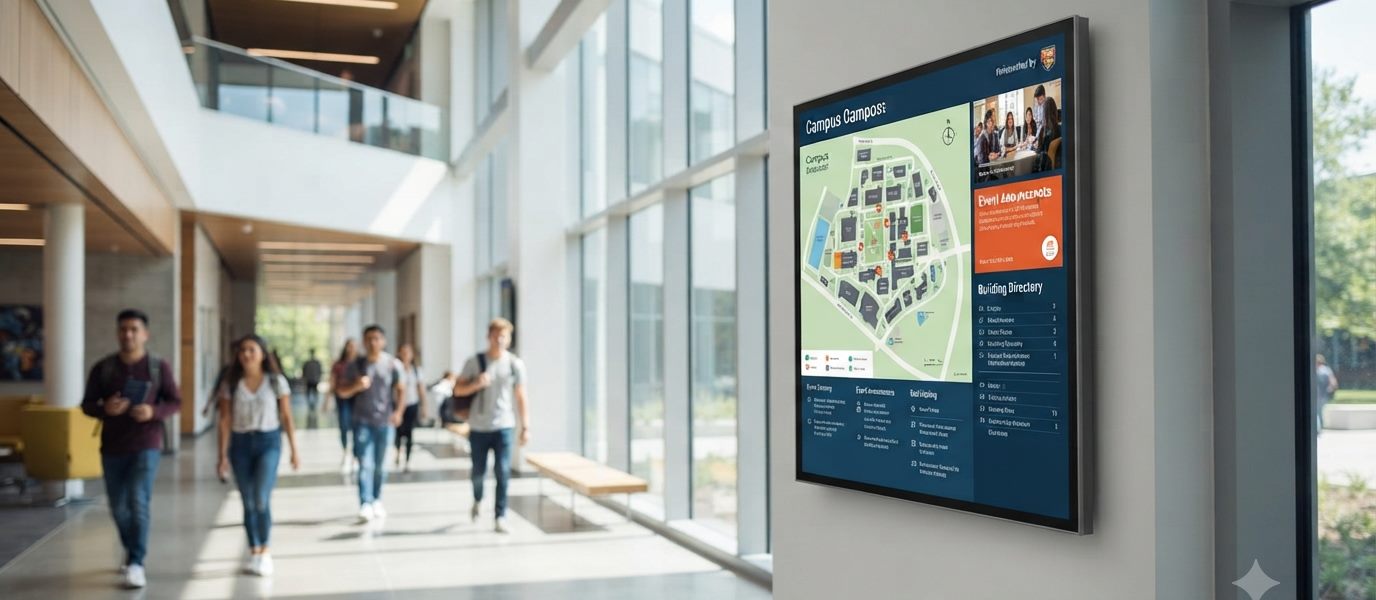 Wall-mounted digital signage showing a campus map and directory in a busy hallway