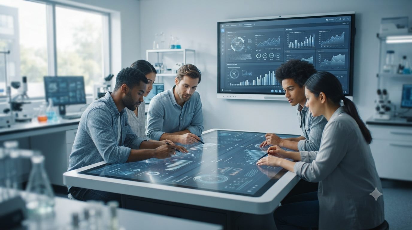 Research team analyzing data on a touch table with a wall panel in a lab