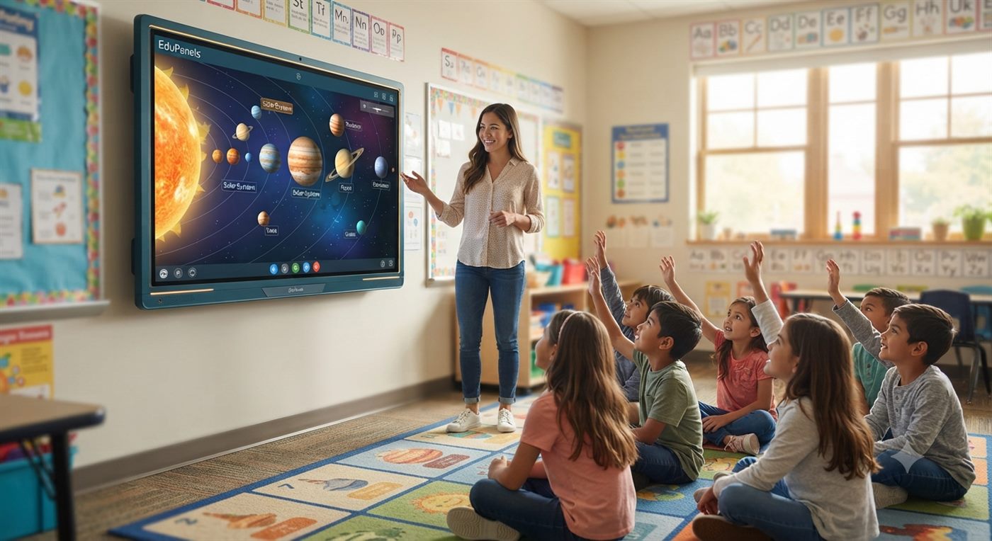 Elementary classroom students engaging with an interactive smart blackboard during a solar system lesson