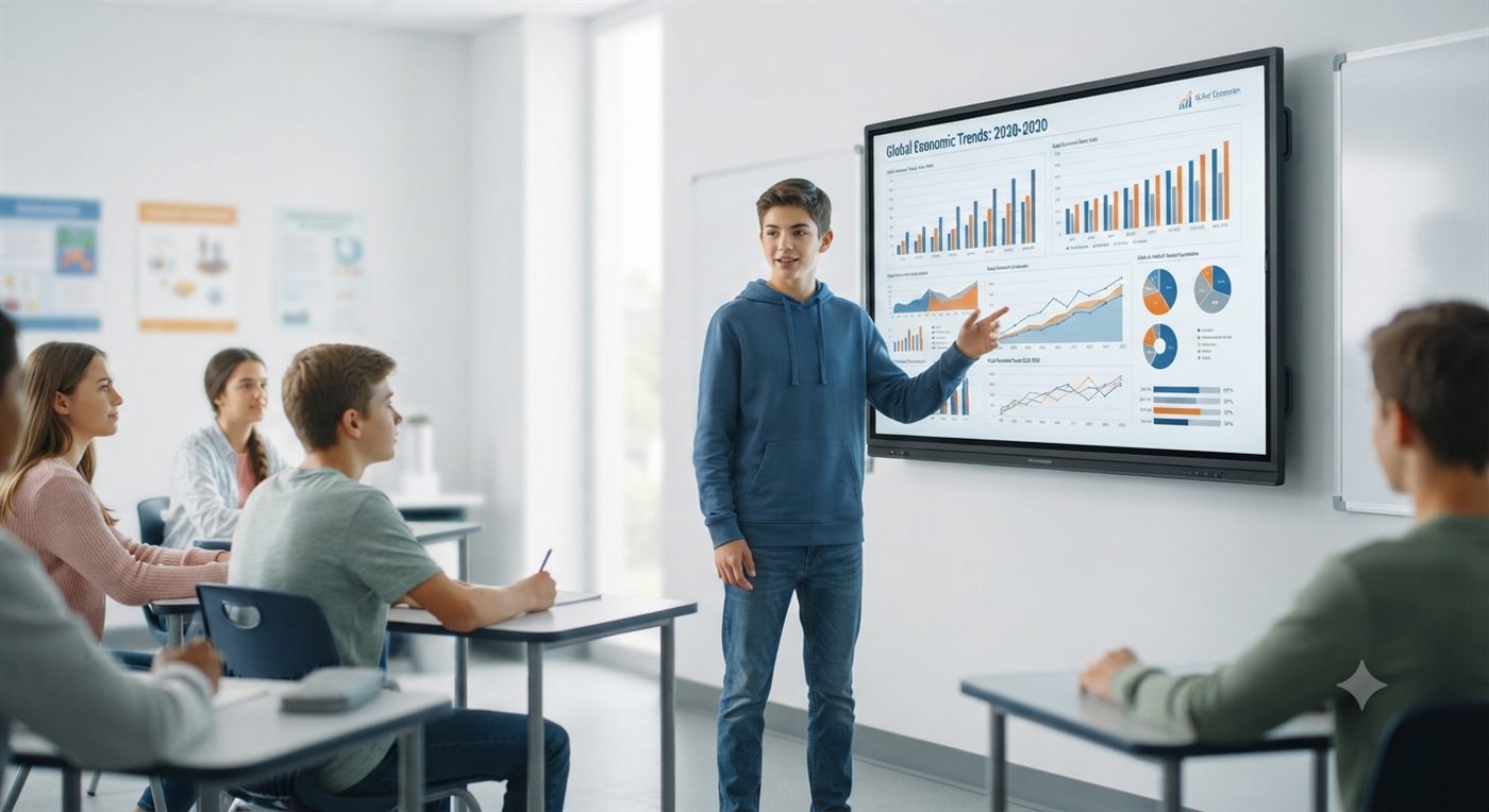 High school student presenting global economic trend charts on an interactive touch panel to classmates