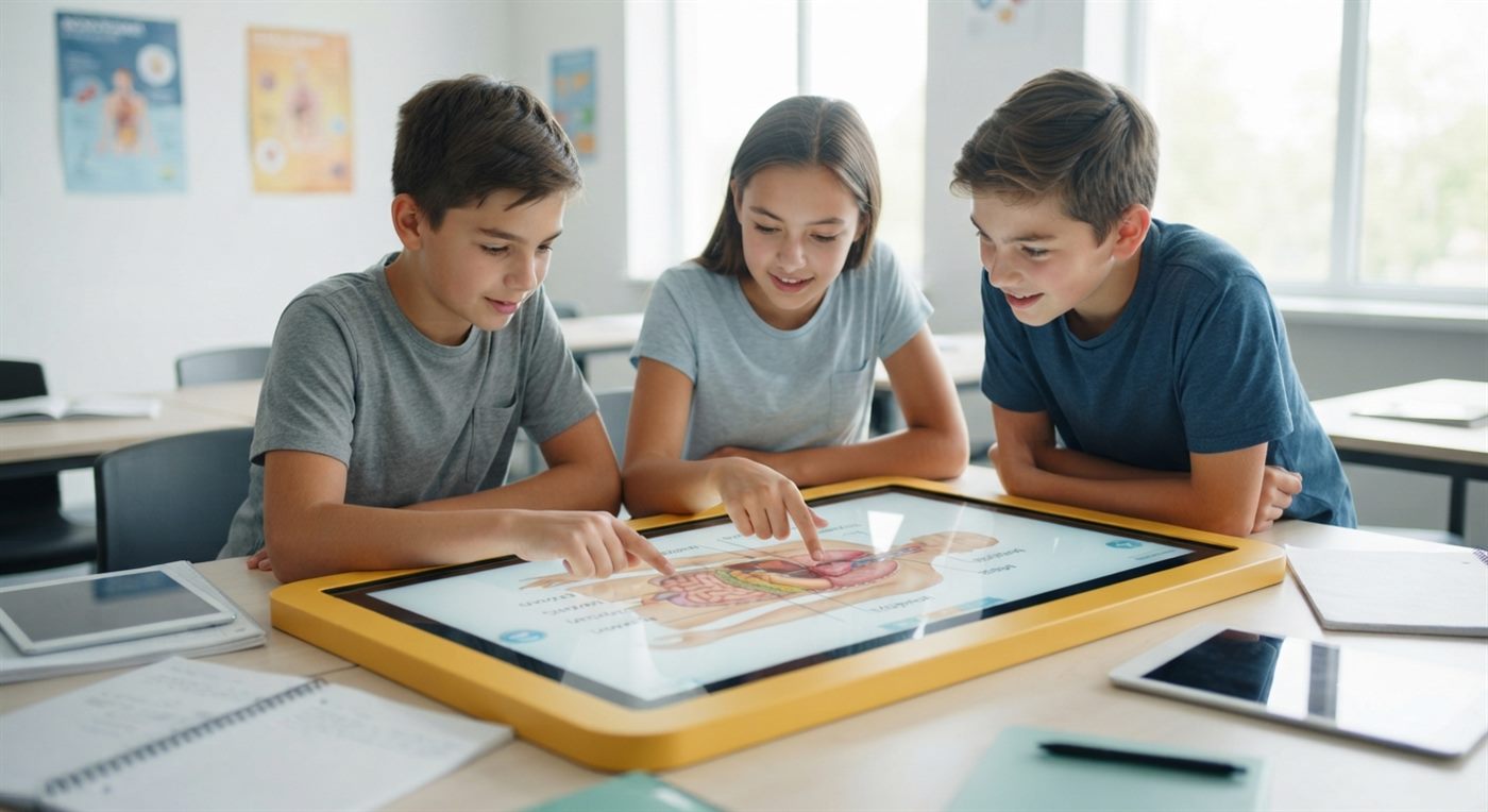 Middle school students collaborating around an interactive touch table showing a human anatomy diagram