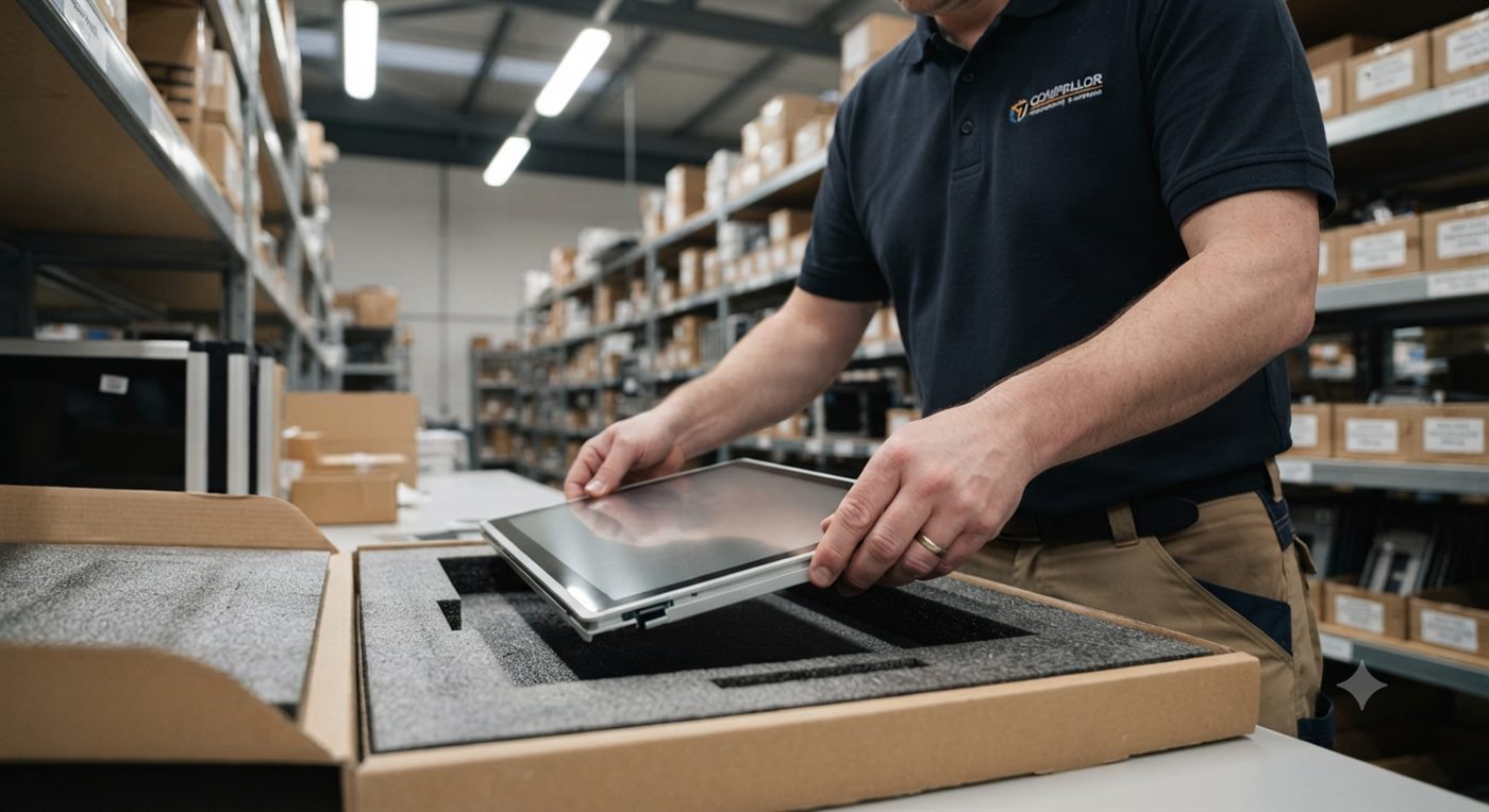 Technician carefully packing a touch panel into protective foam-lined packaging in a warehouse