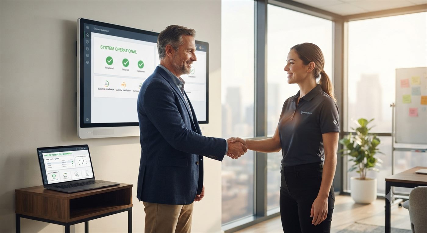 Installer shaking hands with a client in front of a wall panel showing System Operational