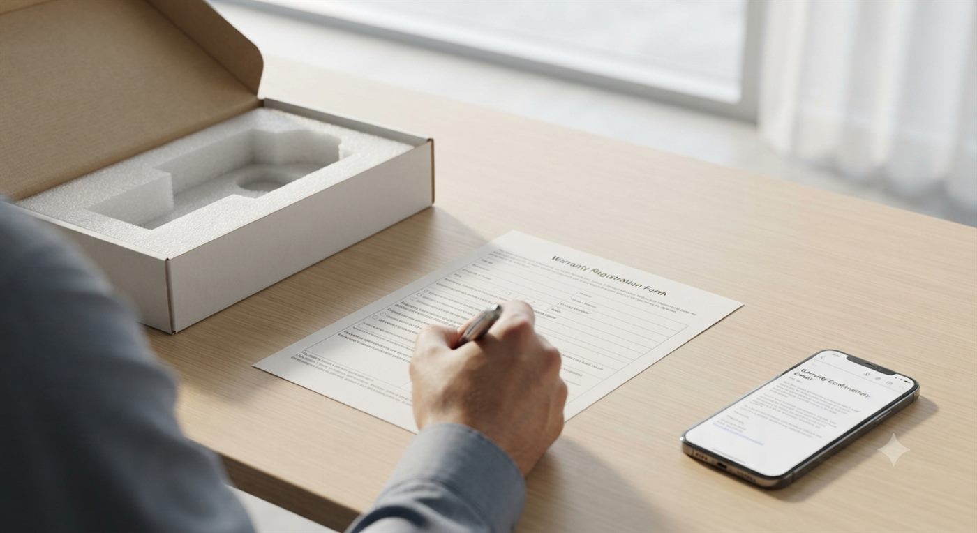 Person signing a warranty registration form next to an opened product box and a warranty confirmation email