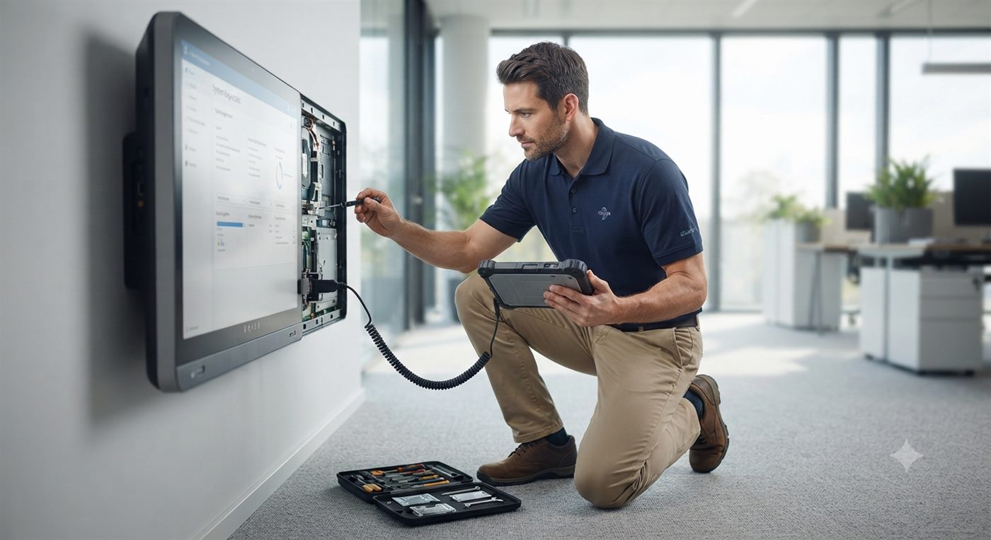 Technician servicing an open interactive panel on a wall with a tablet and tool kit