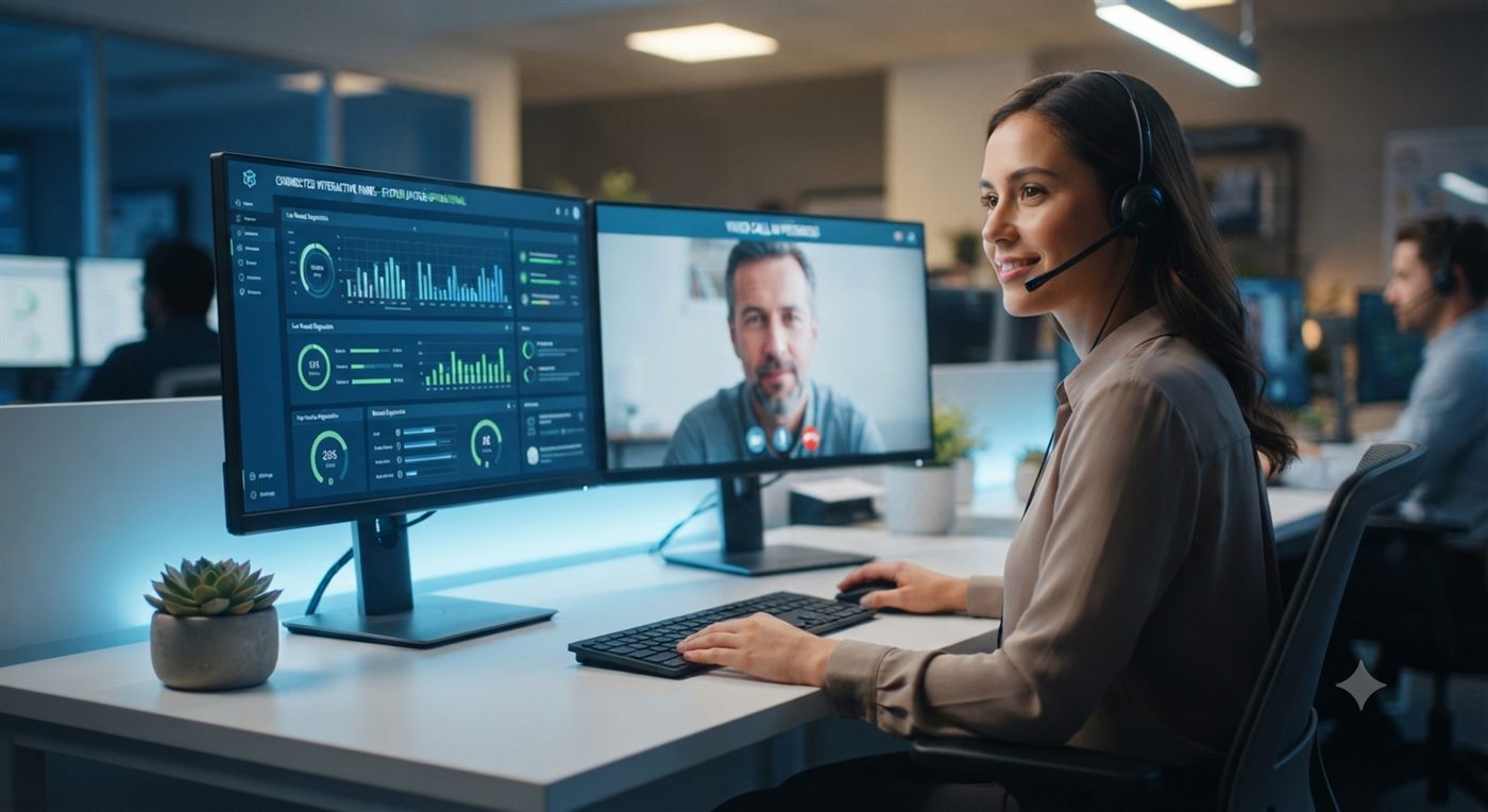 Support specialist on a video call at a desk with dashboards showing a connected interactive panel
