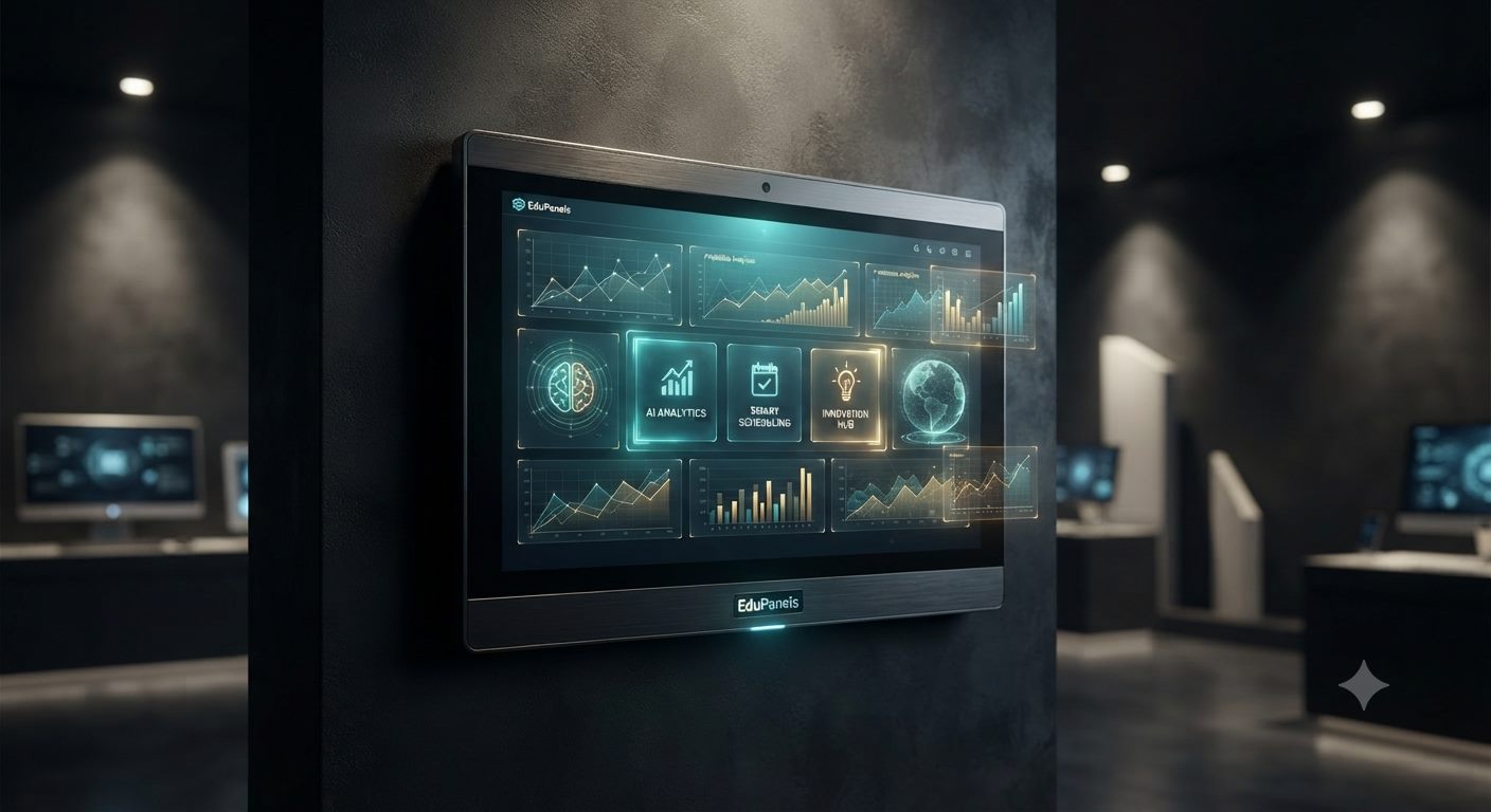 EduPanels smart panel dashboard showing AI Analytics, Smart Scheduling, and Innovation Hub tiles