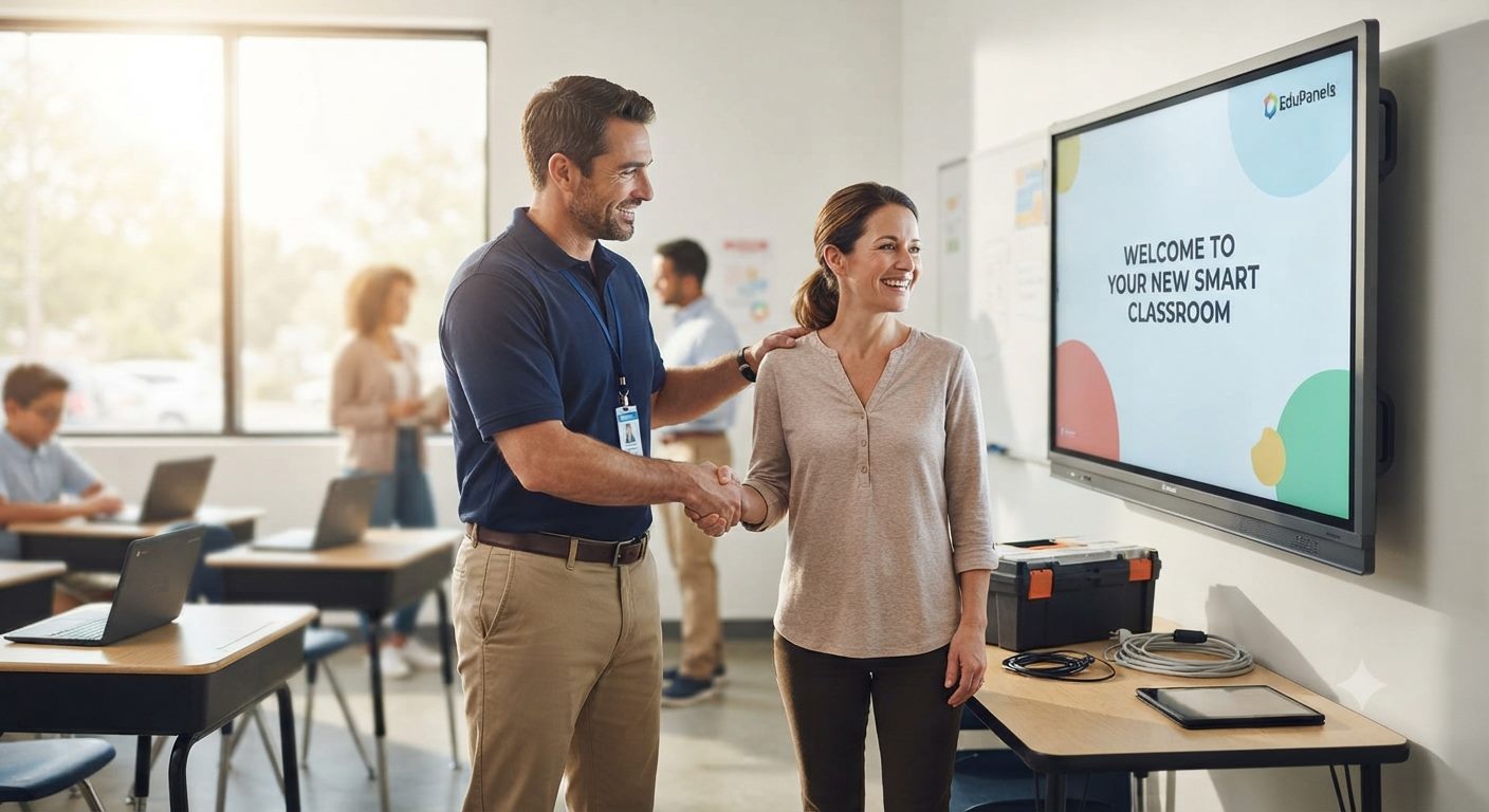 EduPanels technician shaking hands with a teacher in front of a newly installed smart classroom panel
