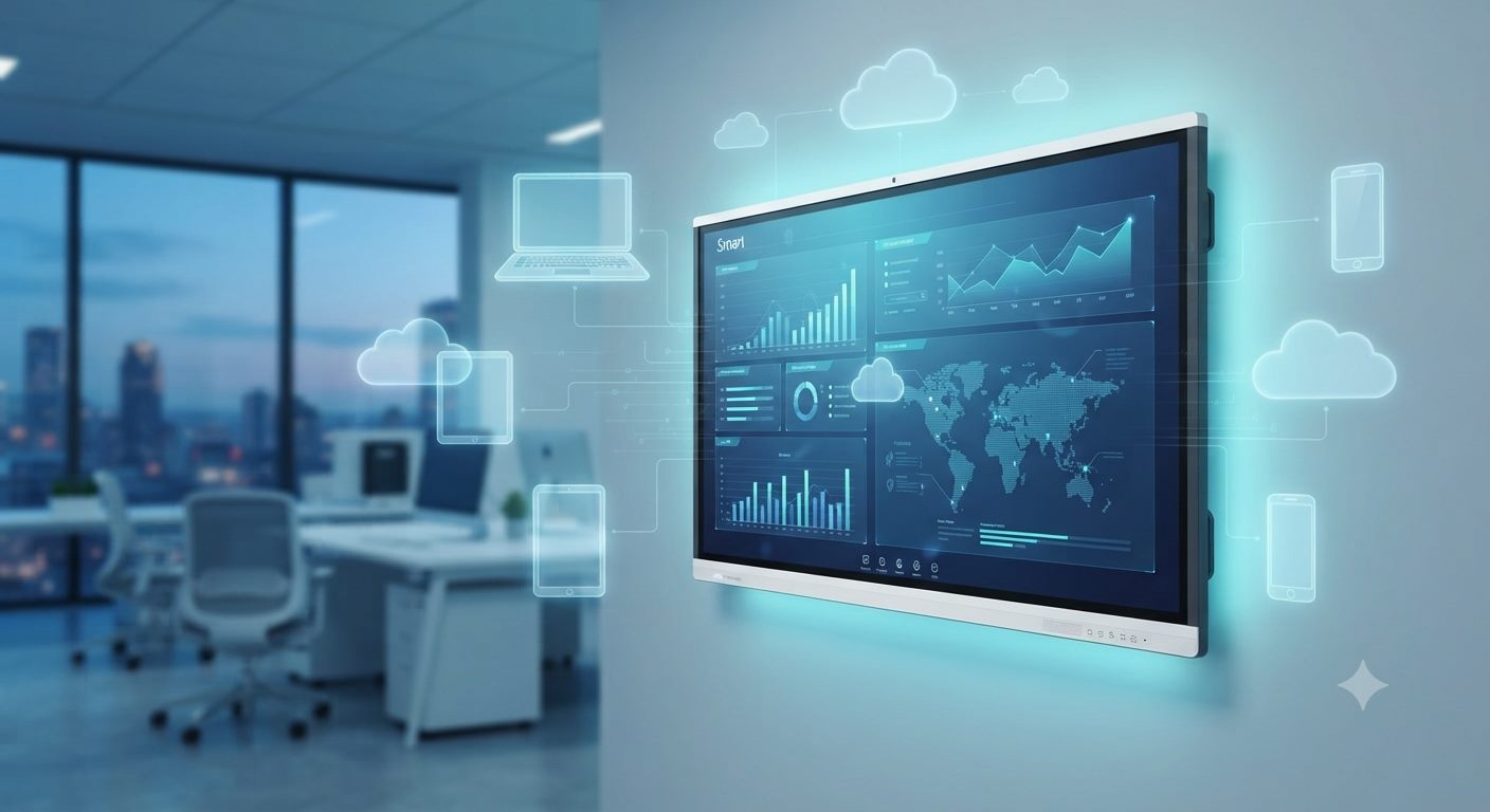 EduPanels display in an office connected wirelessly to a laptop, tablet, phone, and cloud services