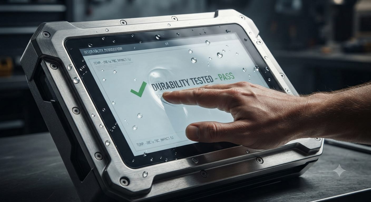 Rugged touchscreen device showing a Durability Tested Pass result during a stress test