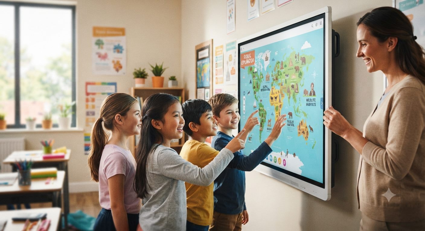 Elementary students pointing at an interactive world map on a classroom smart board with their teacher
